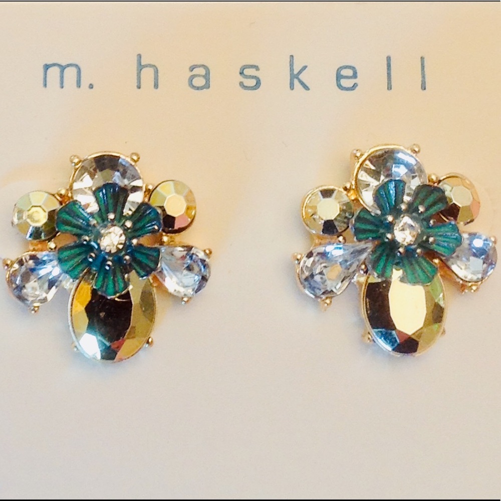 NWT m. Haskell Stud Earrings Crystal & Blue Flower Retro Gold-tone Setting